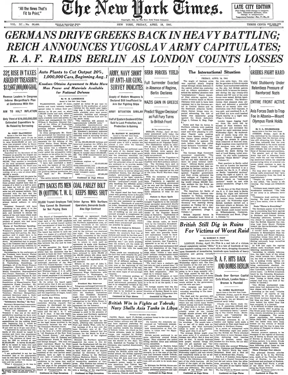 Friday, April 18, 1941 – The New York Times Front Page