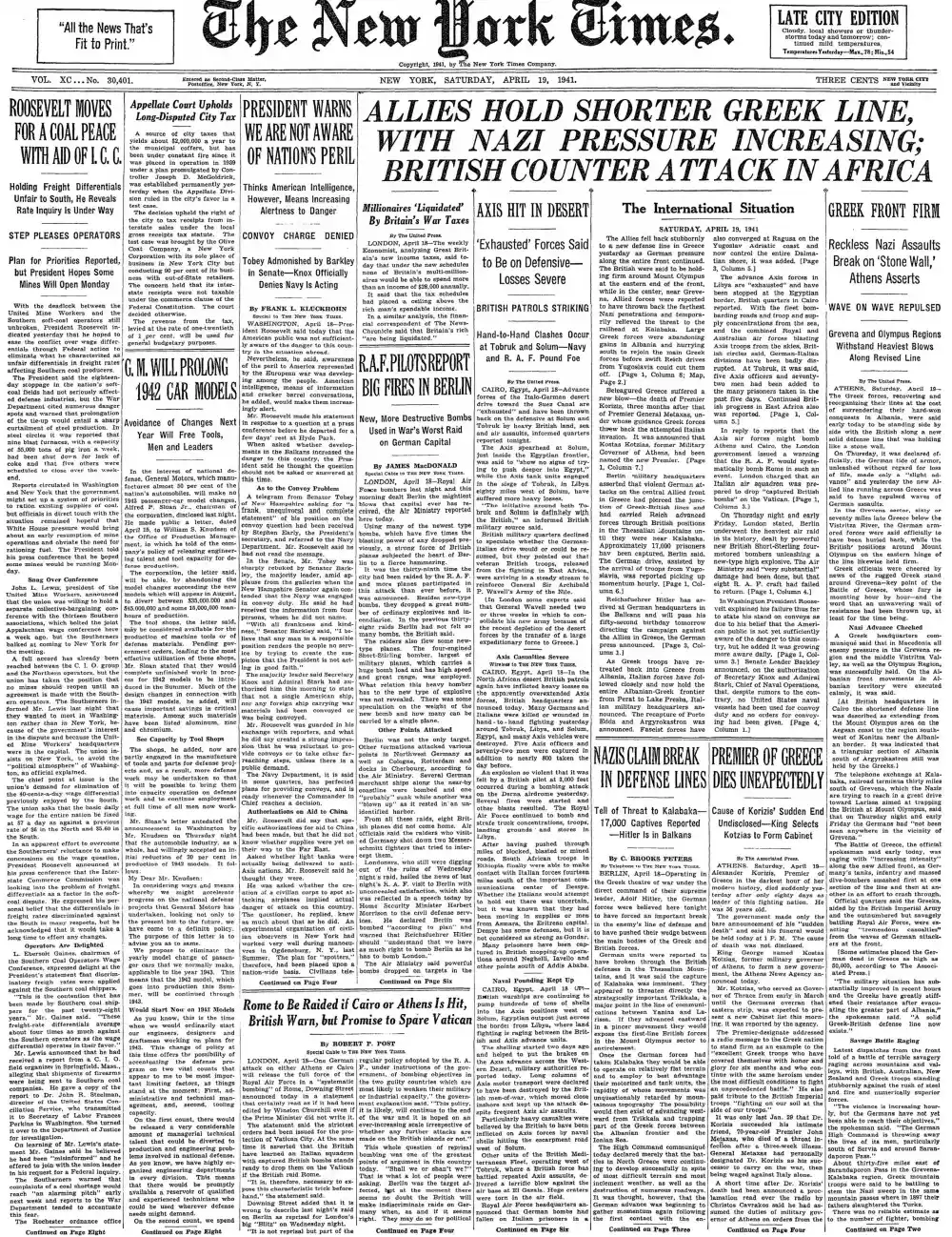 Saturday, April 19, 1941 – The New York Times Front Page