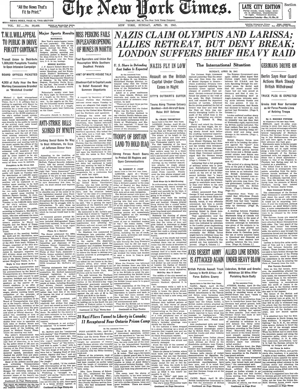 Sunday, April 20, 1941 – The New York Times Front Page