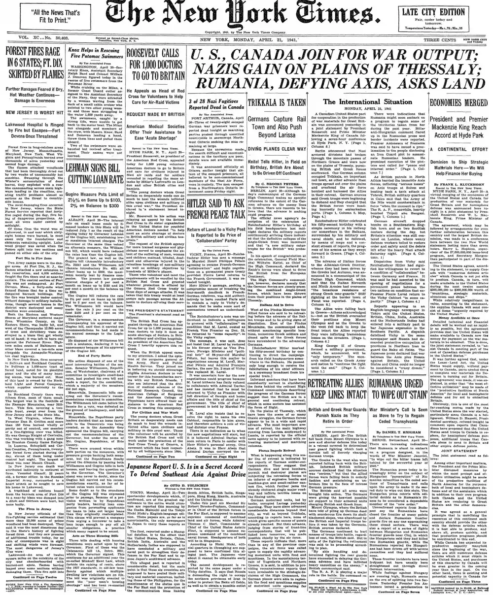 Monday, April 21, 1941 – The New York Times Front Page