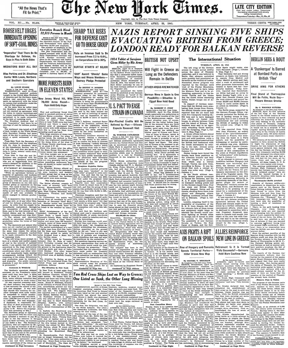 Tuesday, April 22, 1941 – The New York Times Front Page