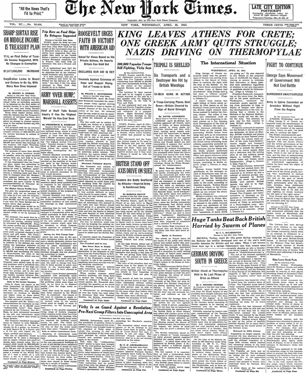 Wednesday, April 23, 1941 – The New York Times Front Page