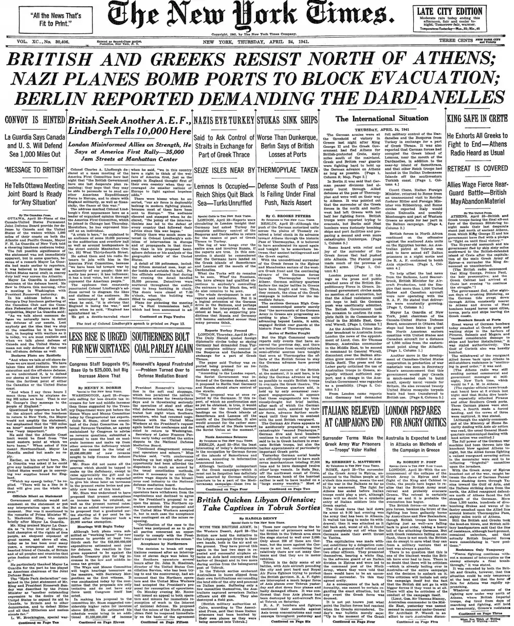 Thursday, April 24, 1941 – The New York Times Front Page