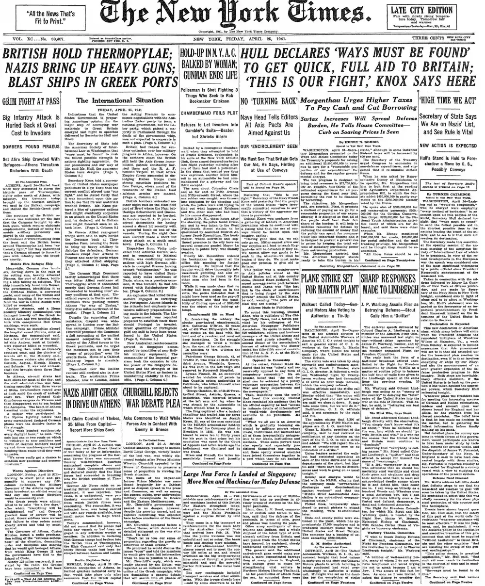 Friday, April 25, 1941 – The New York Times Front Page