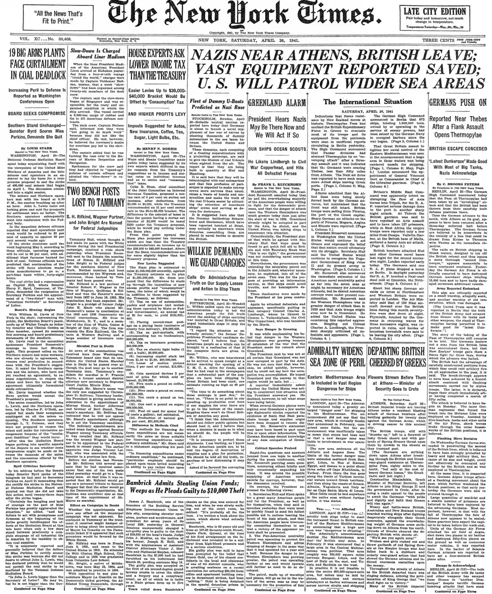Saturday, April 26, 1941 – The New York Times Front Page