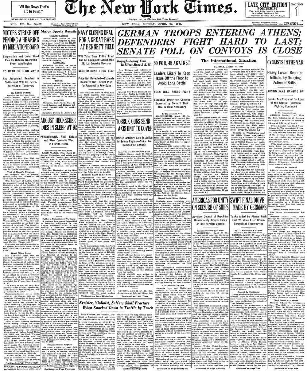 Sunday, April 27, 1941 – The New York Times Front Page