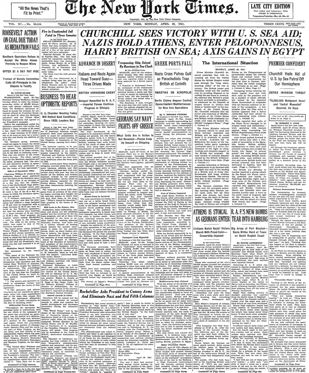 Monday, April 28, 1941 – The New York Times Front Page