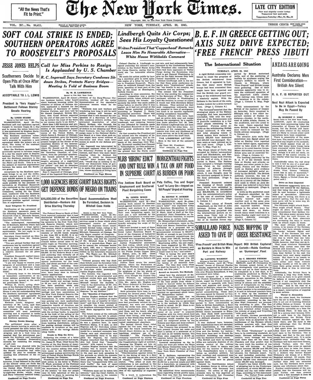 Tuesday, April 29, 1941 – The New York Times Front Page
