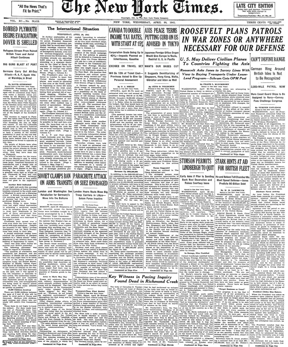 Wednesday, April 30, 1941 – The New York Times Front Page