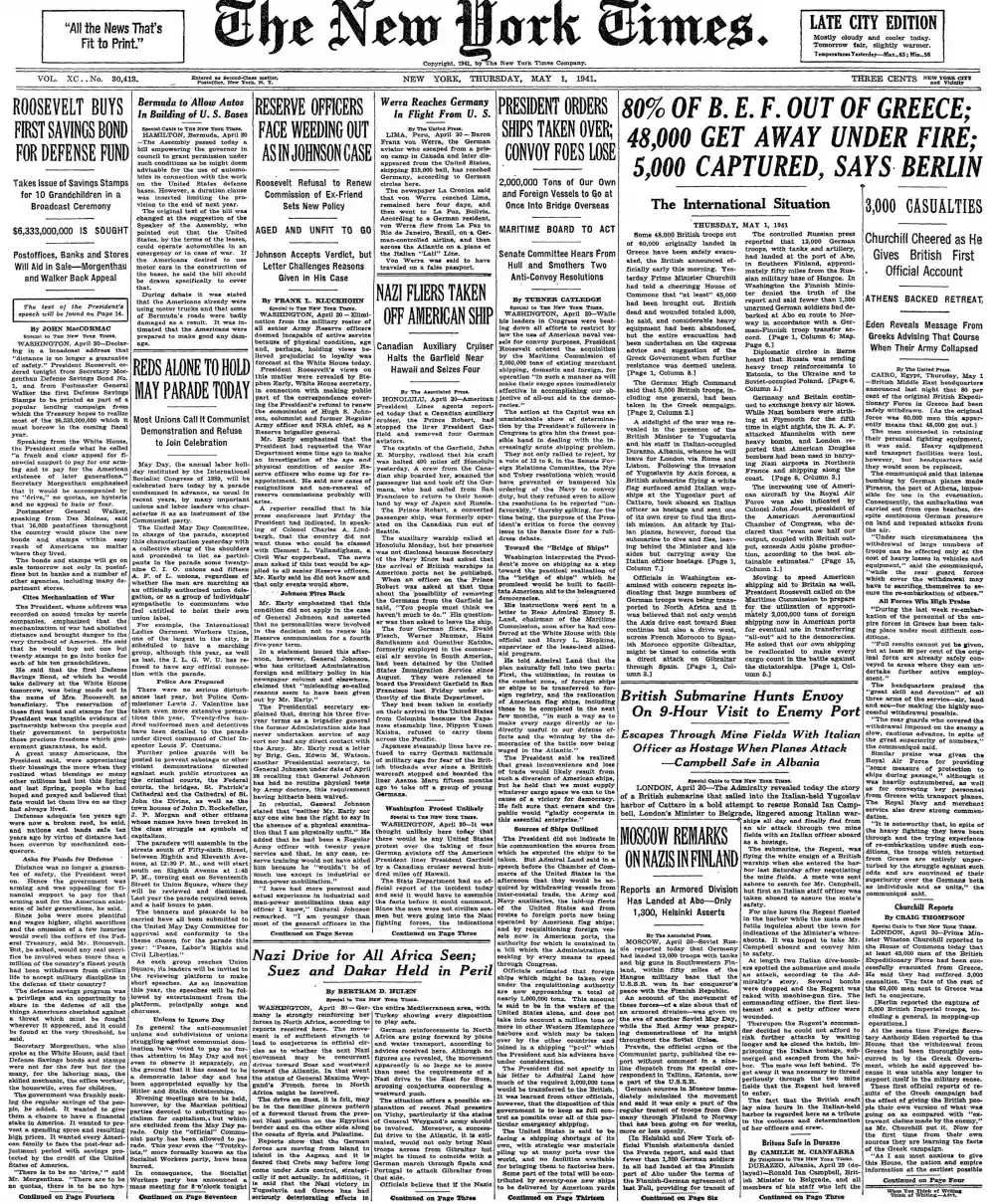 Thursday, May 1, 1941 – The New York Times Front Page
