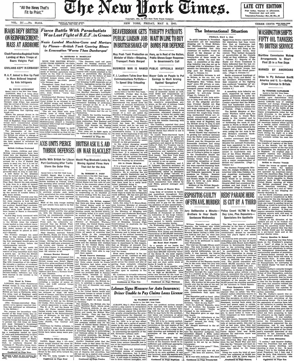 Friday, May 2, 1941 – The New York Times Front Page