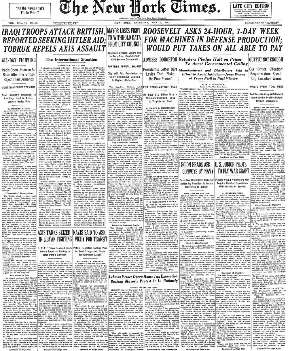 Saturday, May 3, 1941 – The New York Times Front Page