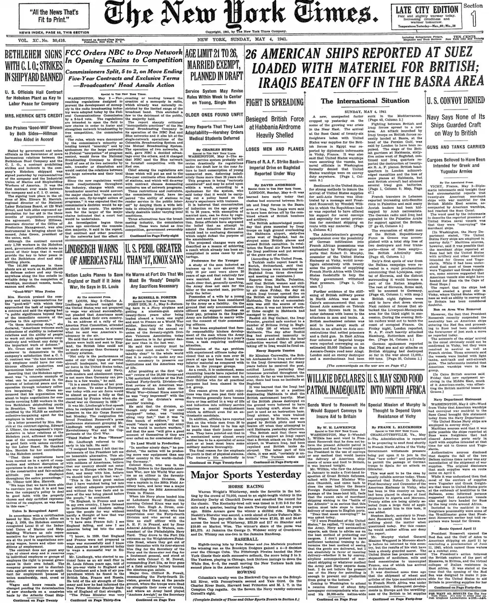 Sunday, May 4, 1941 – The New York Times Front Page