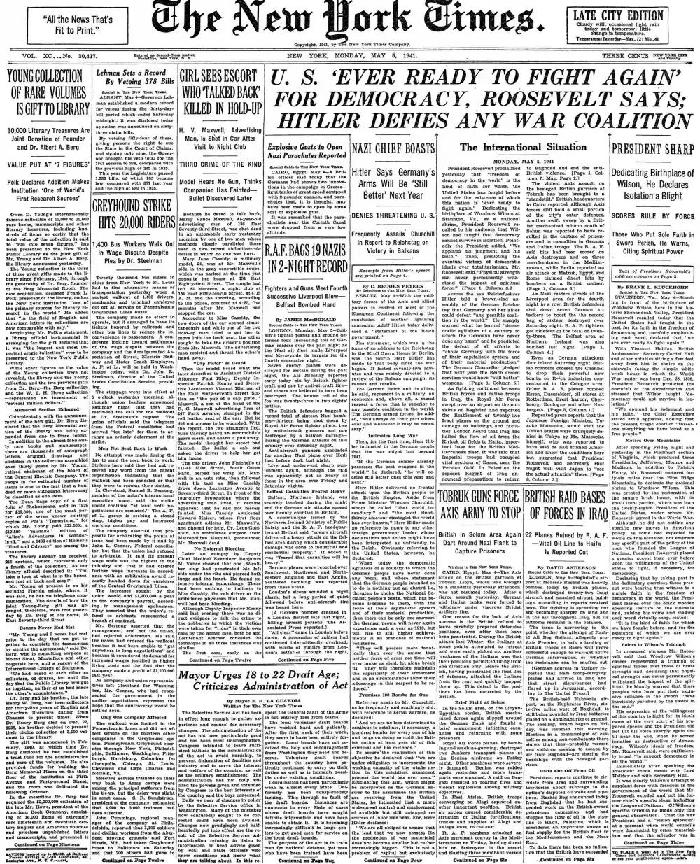 Monday, May 5, 1941 – The New York Times Front Page