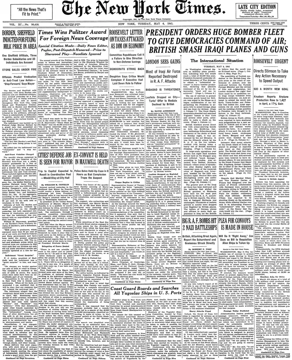 Tuesday, May 6, 1941 – The New York Times Front Page