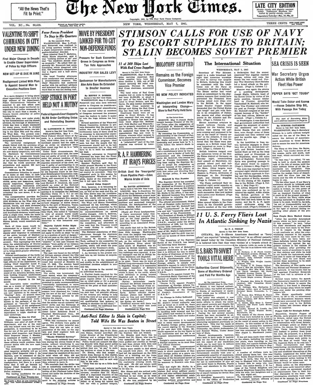 Wednesday, May 7, 1941 – The New York Times Front Page