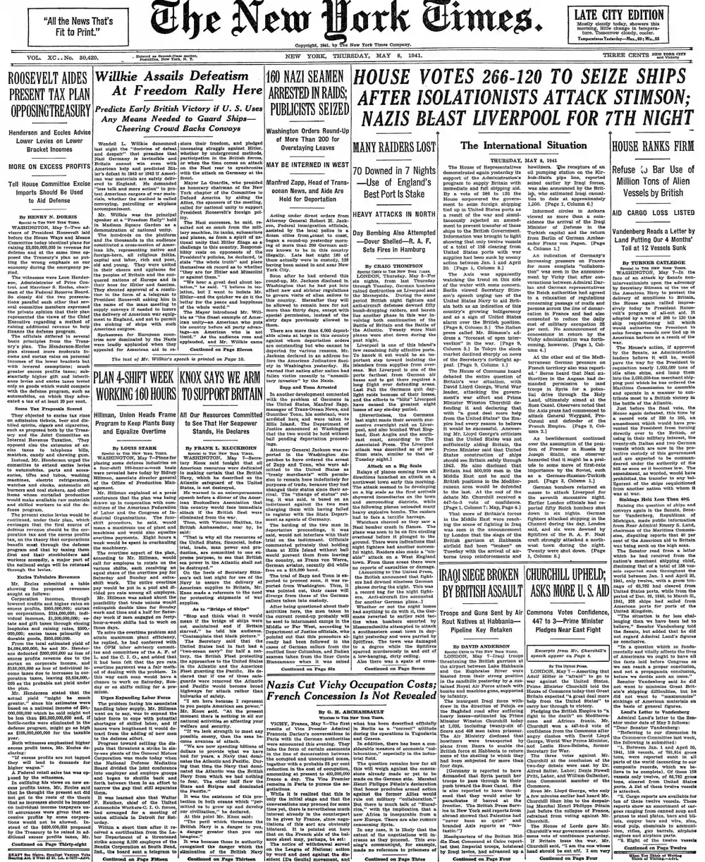 Thursday, May 8, 1941 – The New York Times Front Page