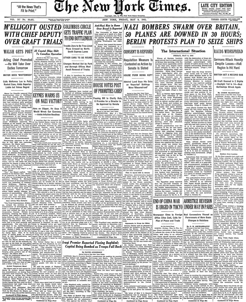 Friday, May 9, 1941 – The New York Times Front Page