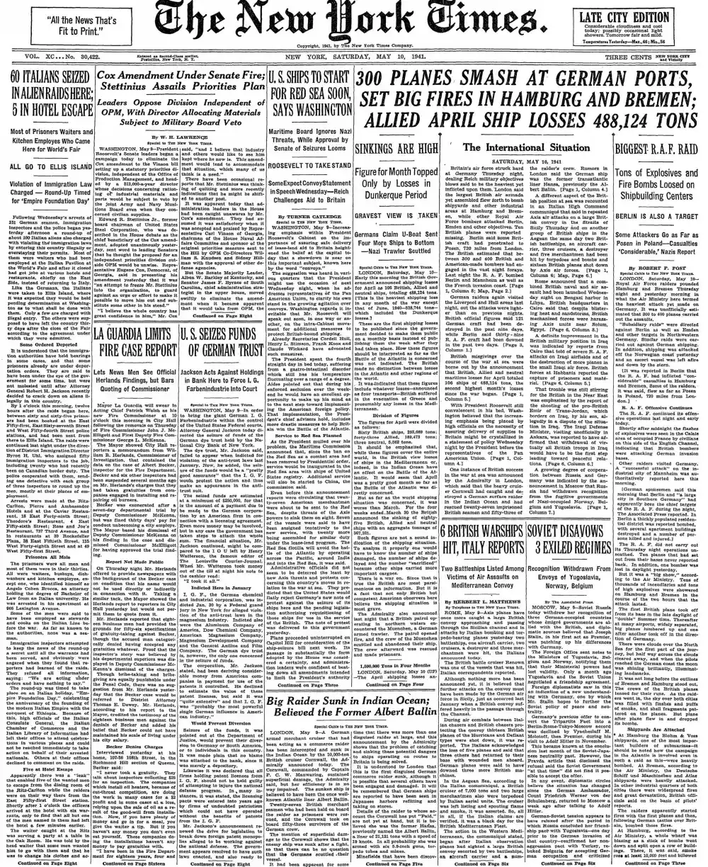 Saturday, May 10, 1941 – The New York Times Front Page