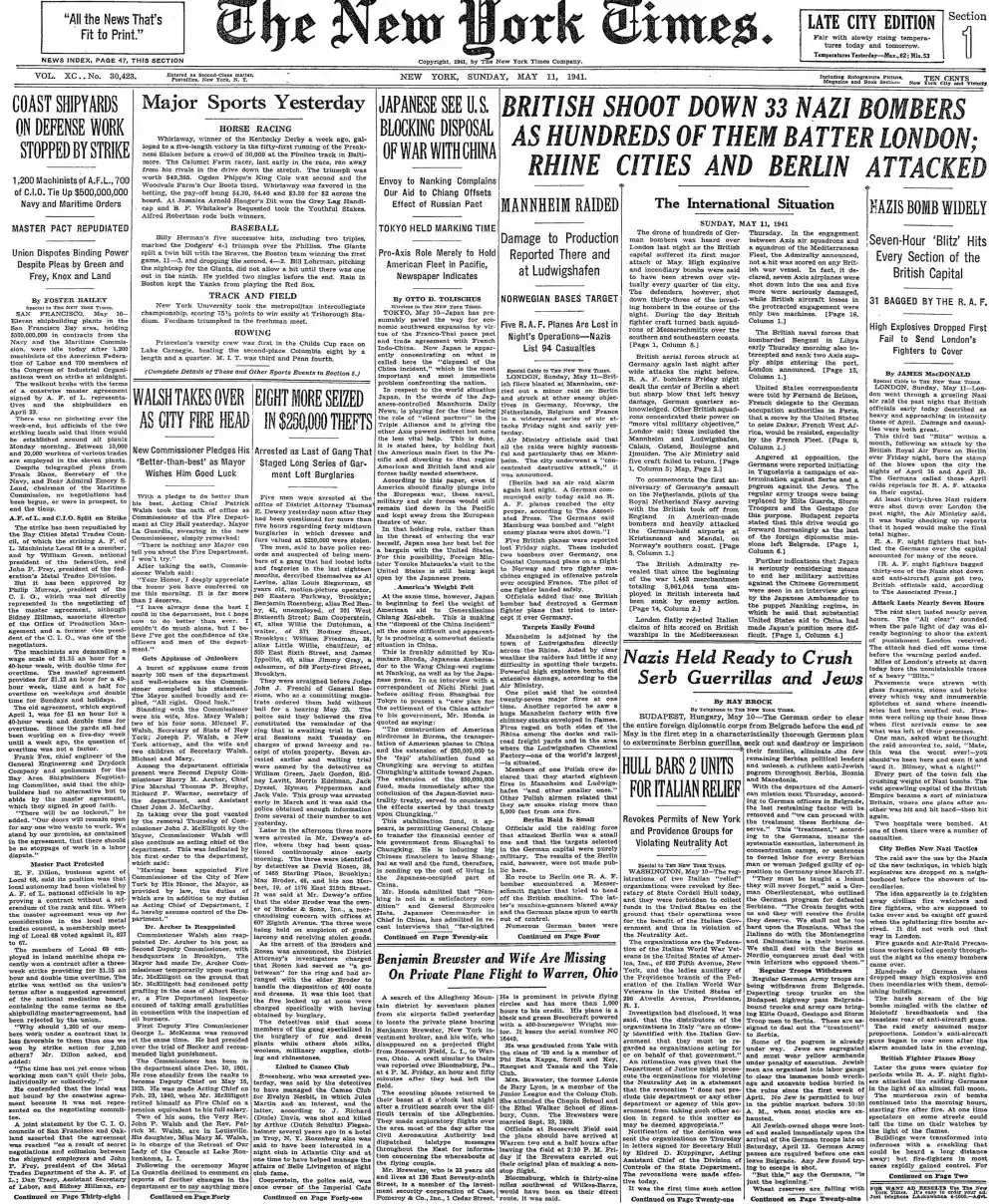 Sunday, May 11, 1941 – The New York Times Front Page