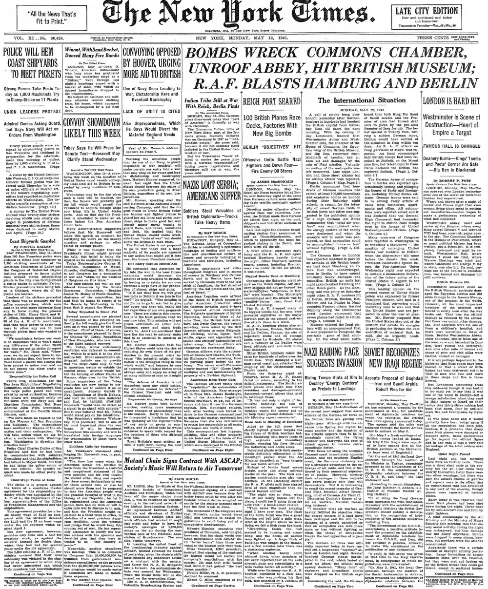 Monday, May 12, 1941 – The New York Times Front Page