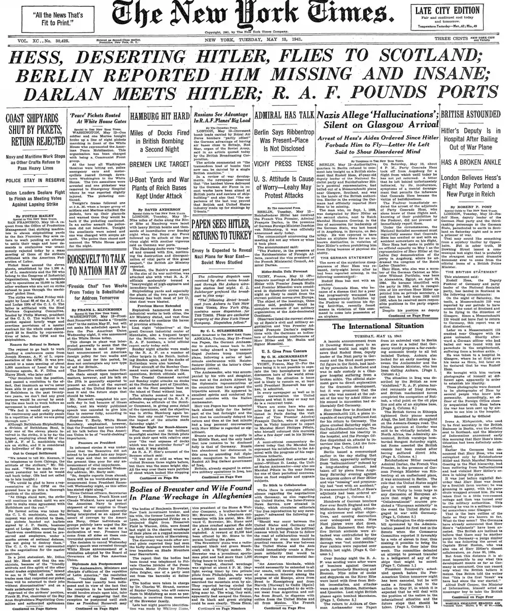 Tuesday, May 13, 1941 – The New York Times Front Page