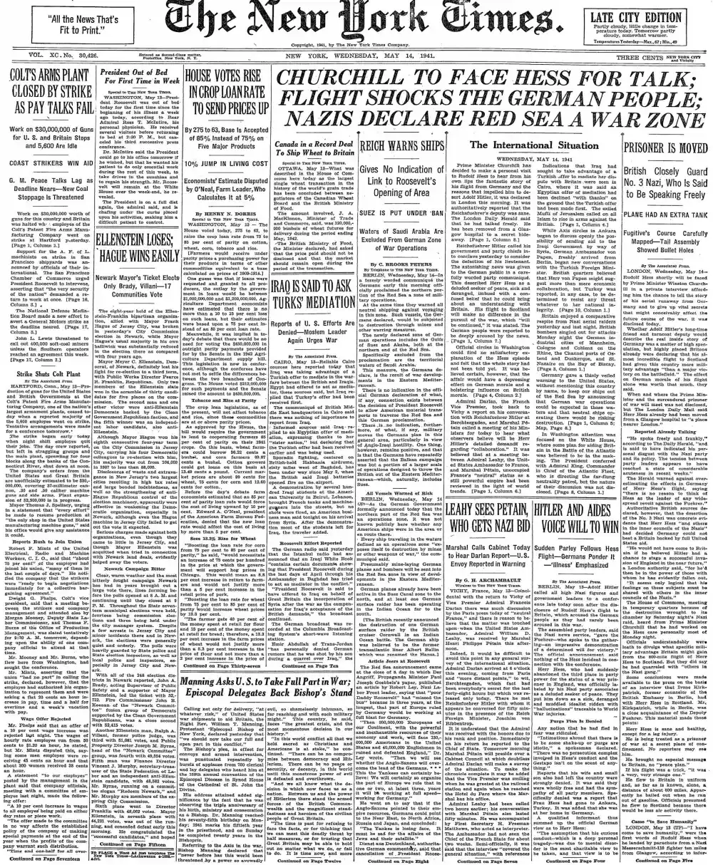 Wednesday, May 14, 1941 – The New York Times Front Page