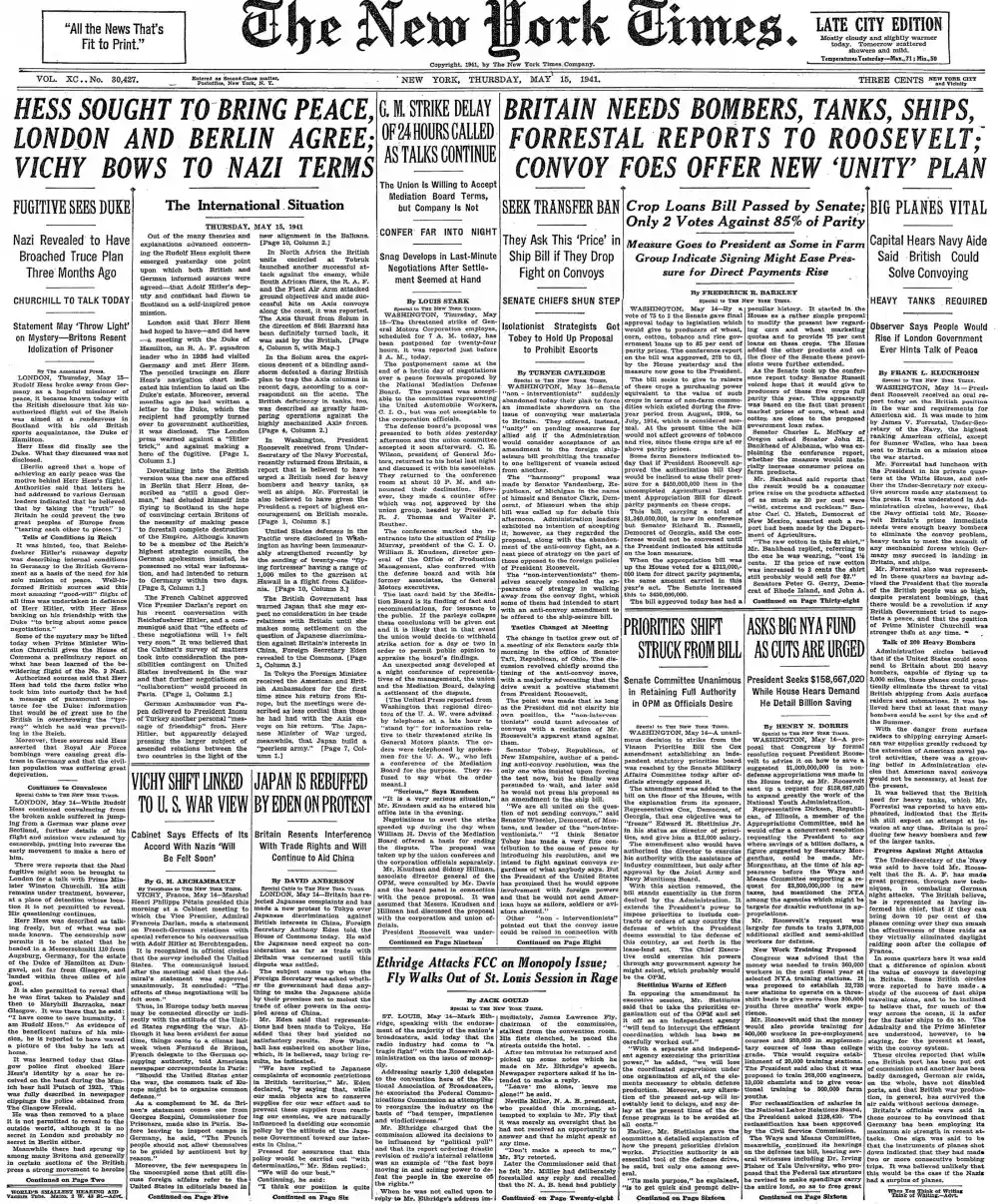 Thursday, May 15, 1941 – The New York Times Front Page