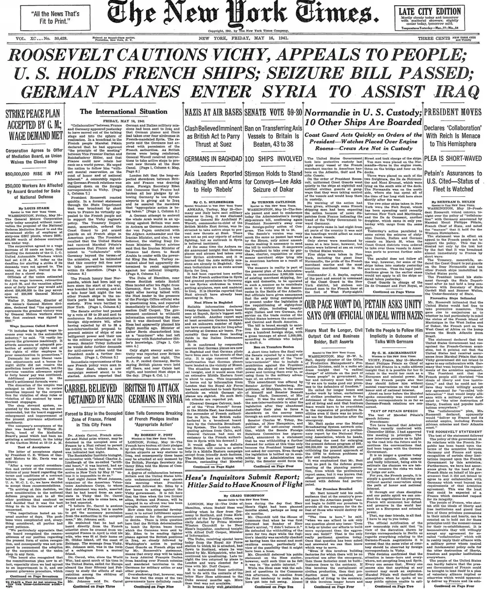 Friday, May 16, 1941 – The New York Times Front Page