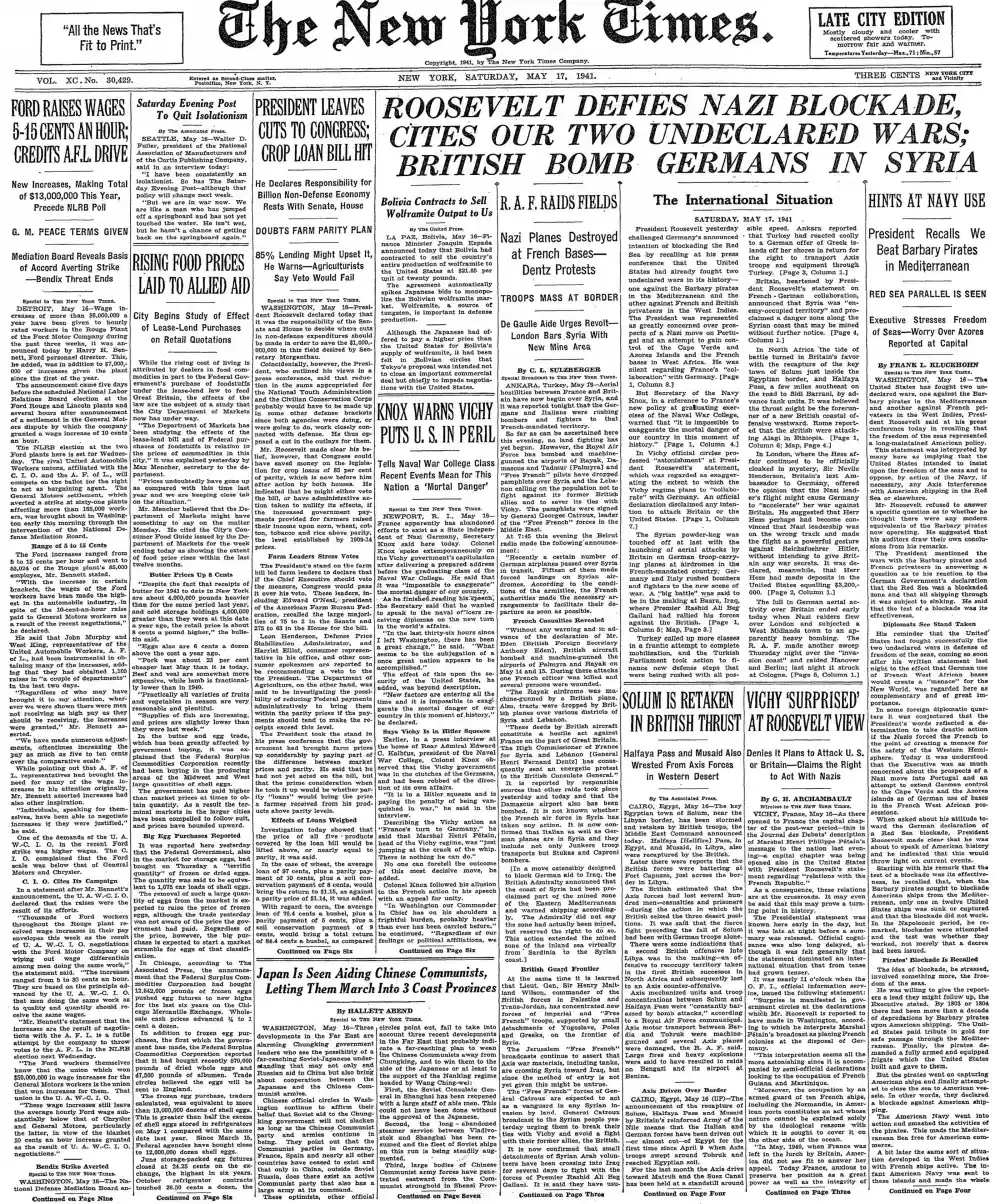 Saturday, May 17, 1941 – The New York Times Front Page