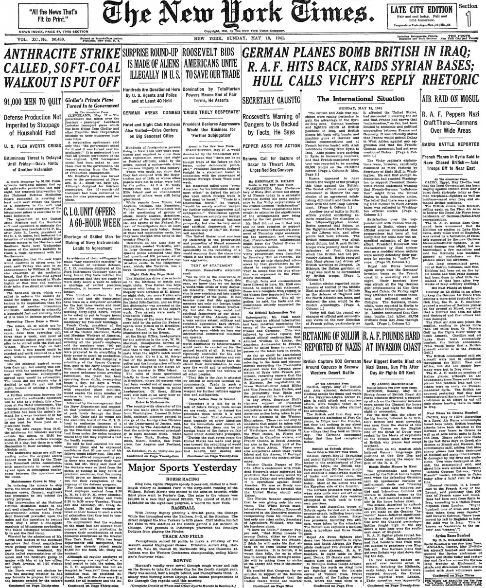 Sunday, May 18, 1941 – The New York Times Front Page