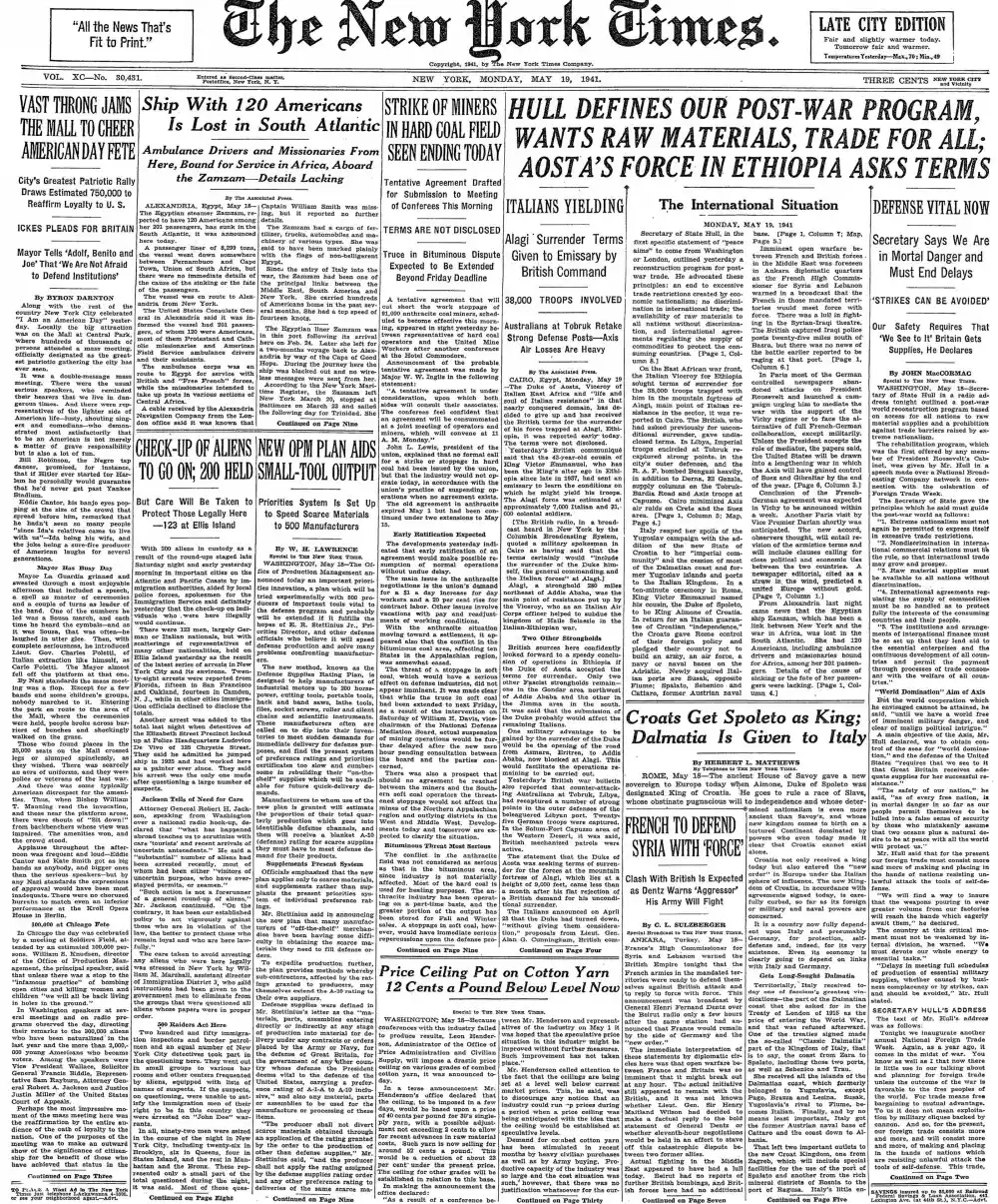 Monday, May 19, 1941 – The New York Times Front Page