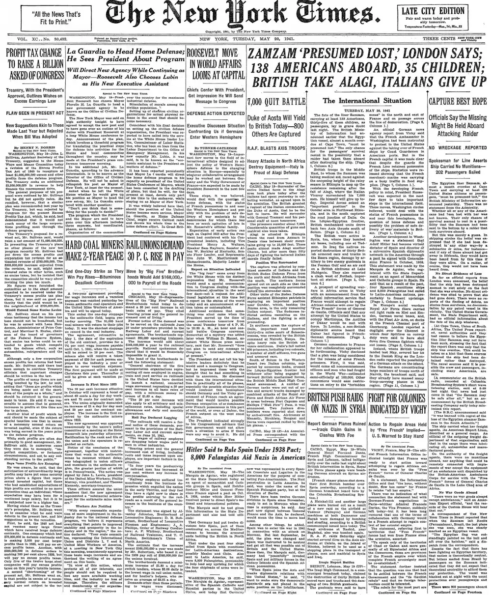 Tuesday, May 20, 1941 – The New York Times Front Page