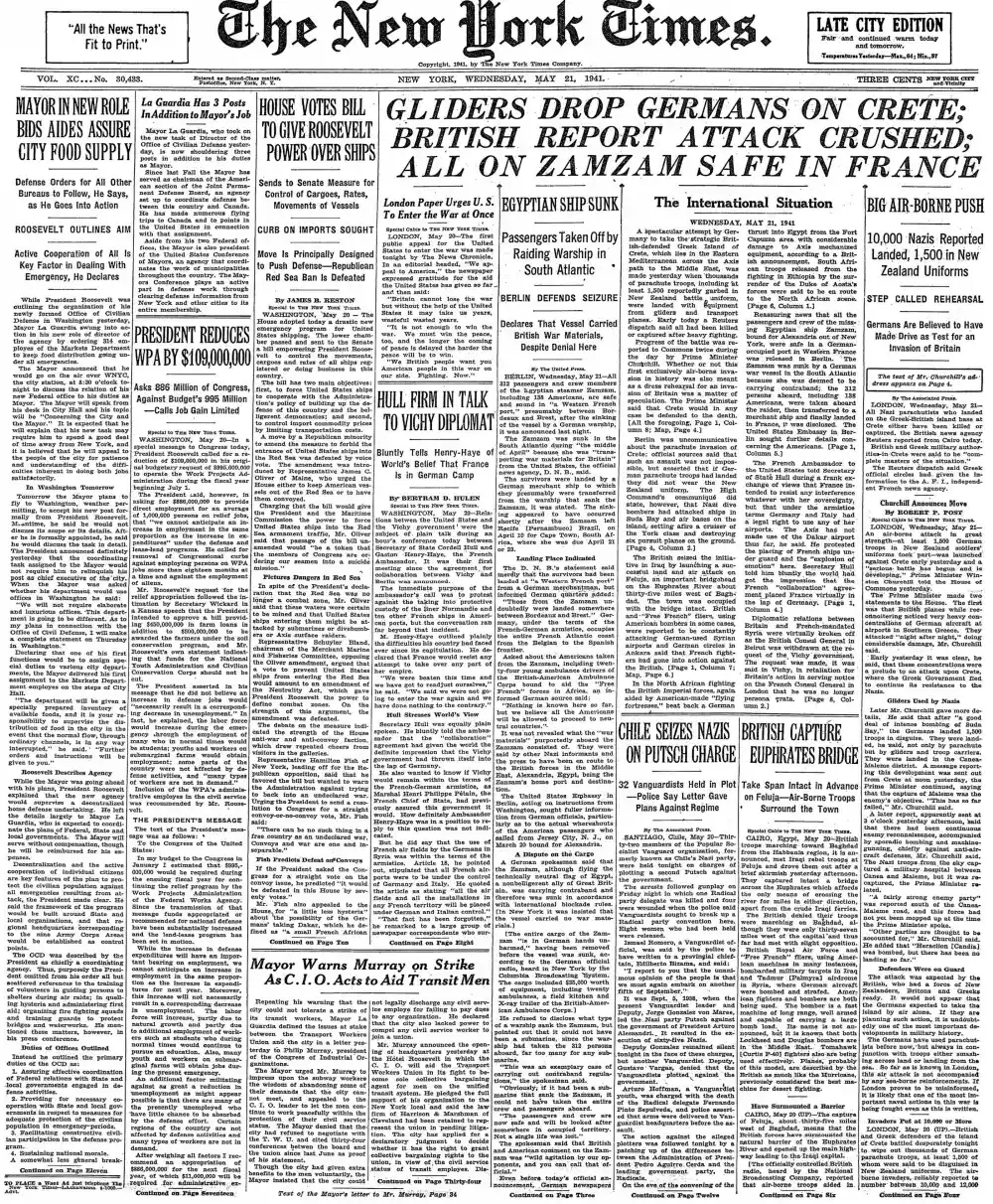 Wednesday, May 21, 1941 – The New York Times Front Page
