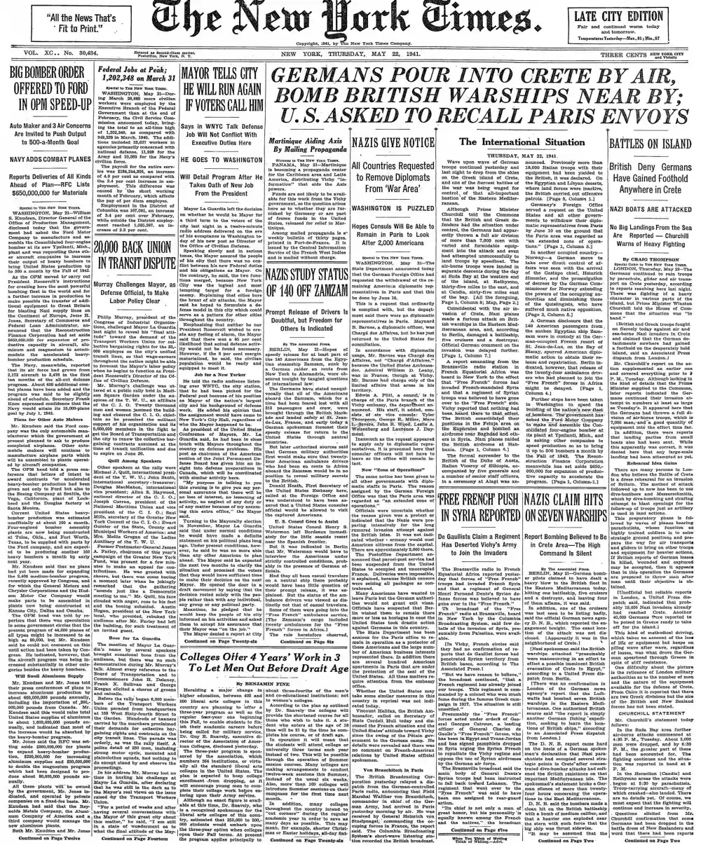 Thursday, May 22, 1941 – The New York Times Front Page