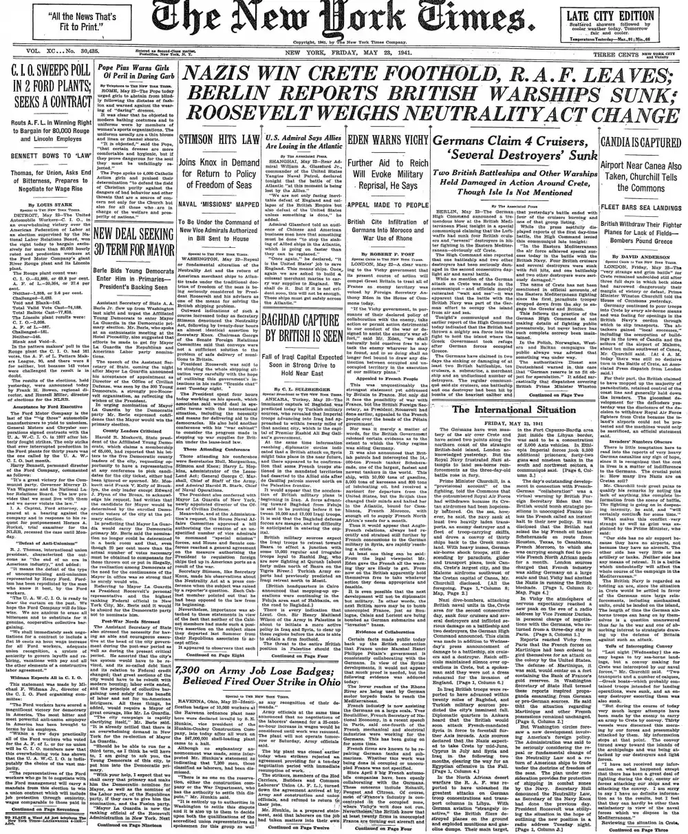 Friday, May 23, 1941 – The New York Times Front Page