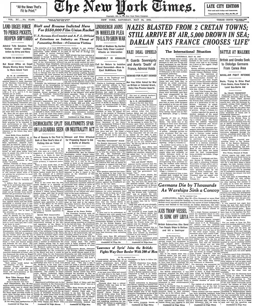 Saturday, May 24, 1941 – The New York Times Front Page