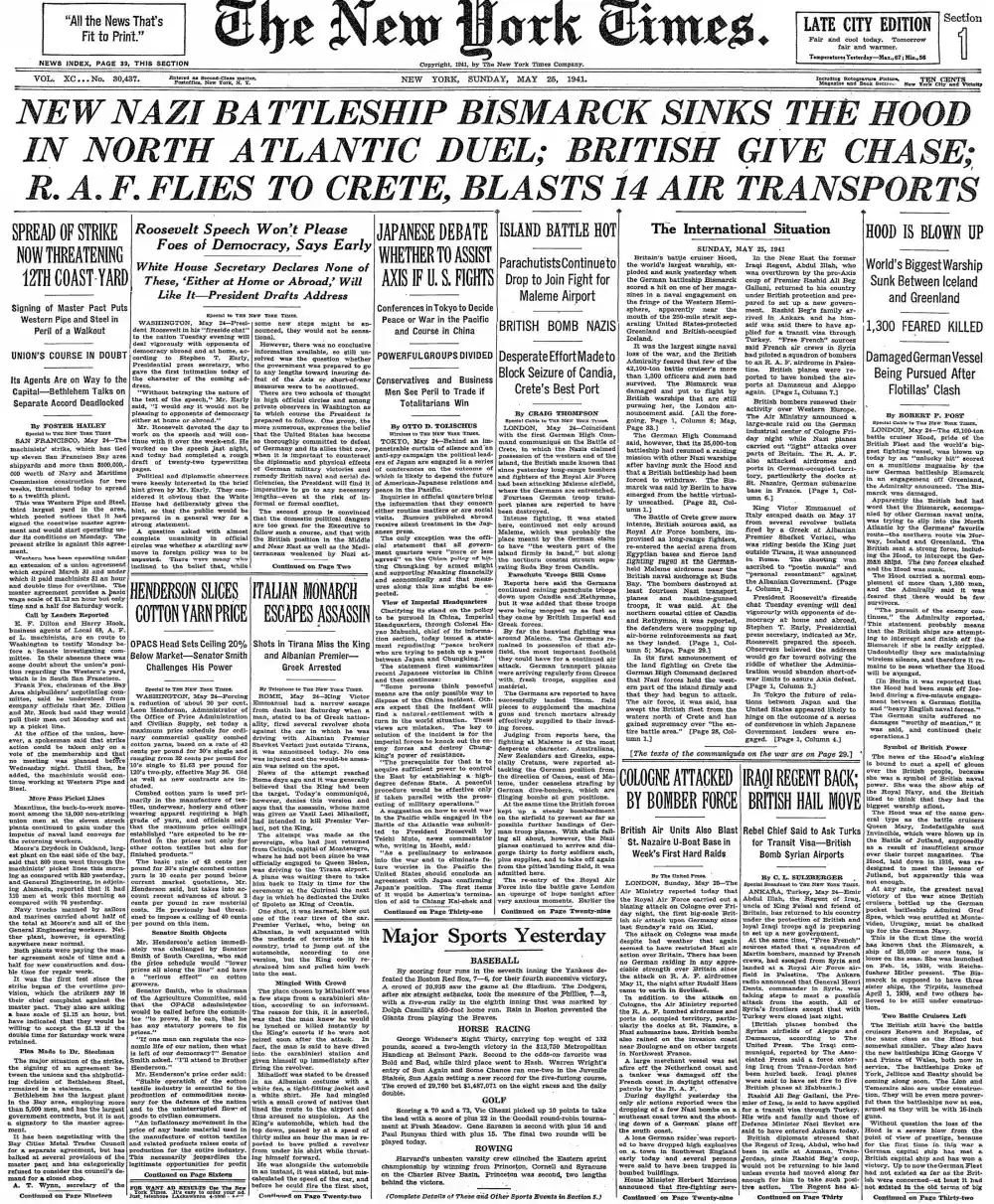Sunday, May 25, 1941 – The New York Times Front Page