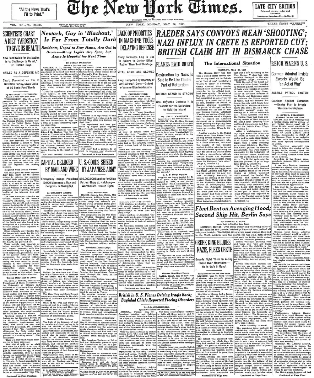 Monday, May 26, 1941 – The New York Times Front Page