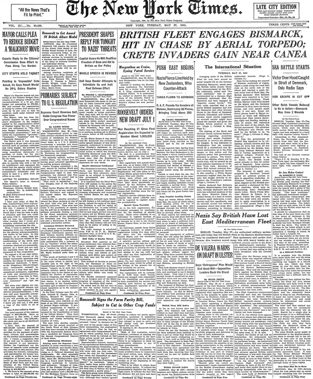 Tuesday, May 27, 1941 – The New York Times Front Page