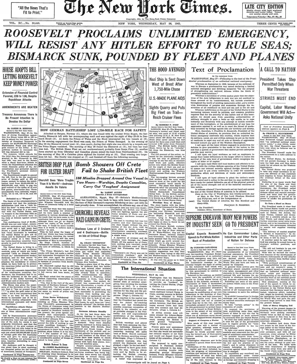 Wednesday, May 28, 1941 – The New York Times Front Page