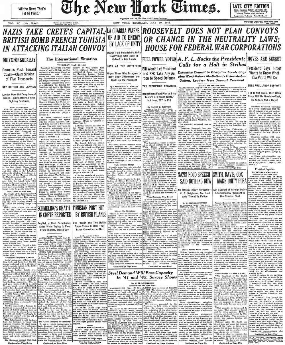 Thursday, May 29, 1941 – The New York Times Front Page