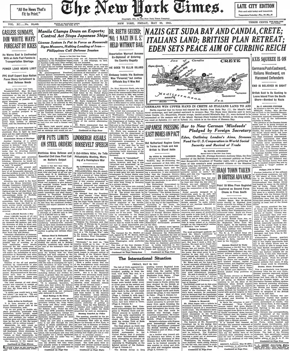 Friday, May 30, 1941 – The New York Times Front Page