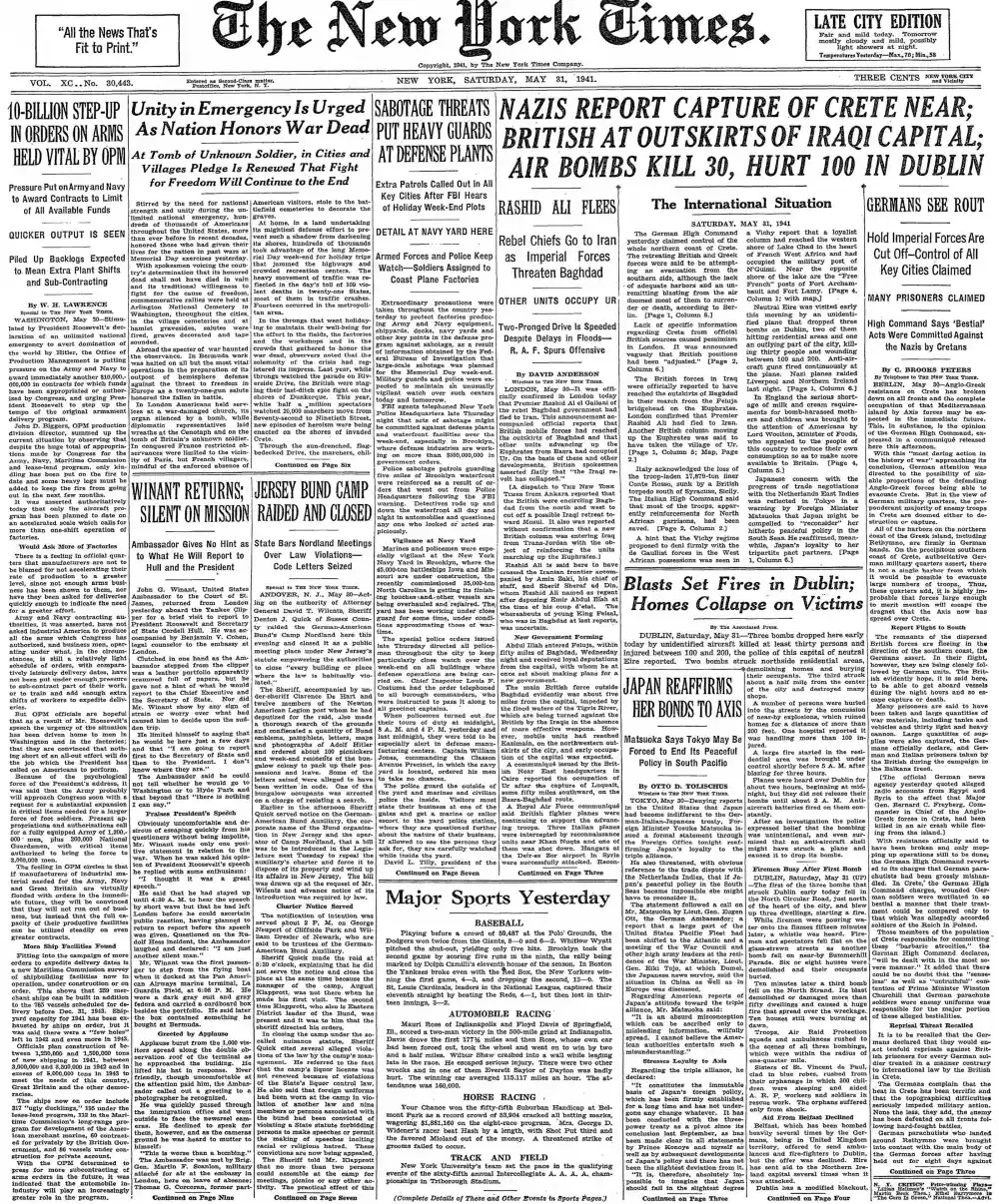 Saturday, May 31, 1941 – The New York Times Front Page