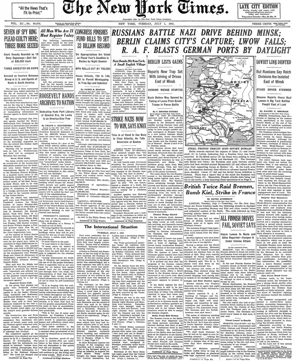 Tuesday, July 1, 1941 – The New York Times Front Page