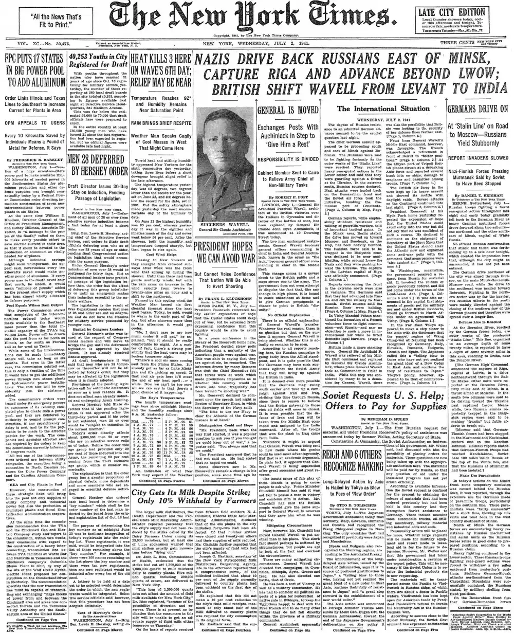 Wednesday, July 2, 1941 – The New York Times Front Page