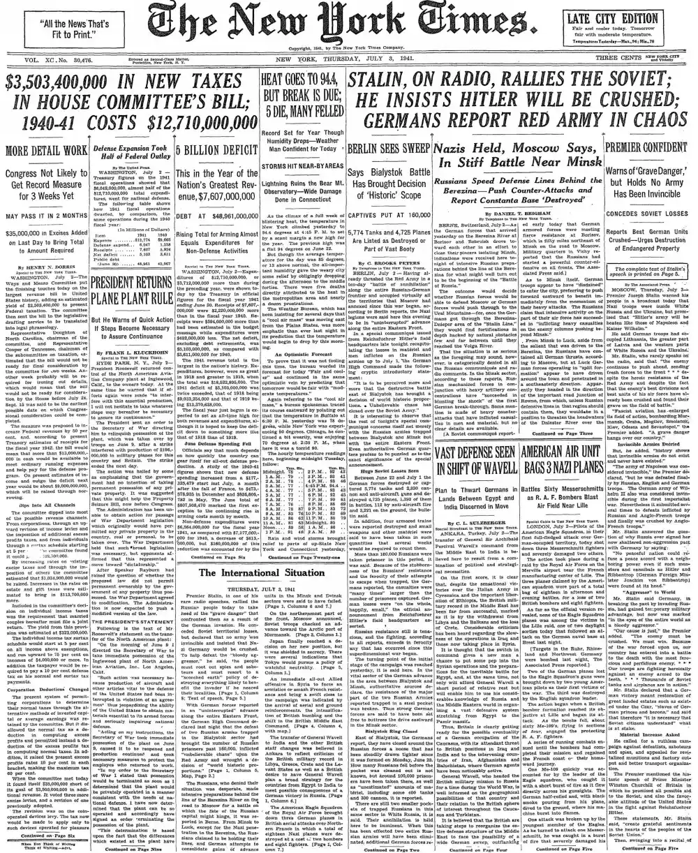 Thursday, July 3, 1941 – The New York Times Front Page