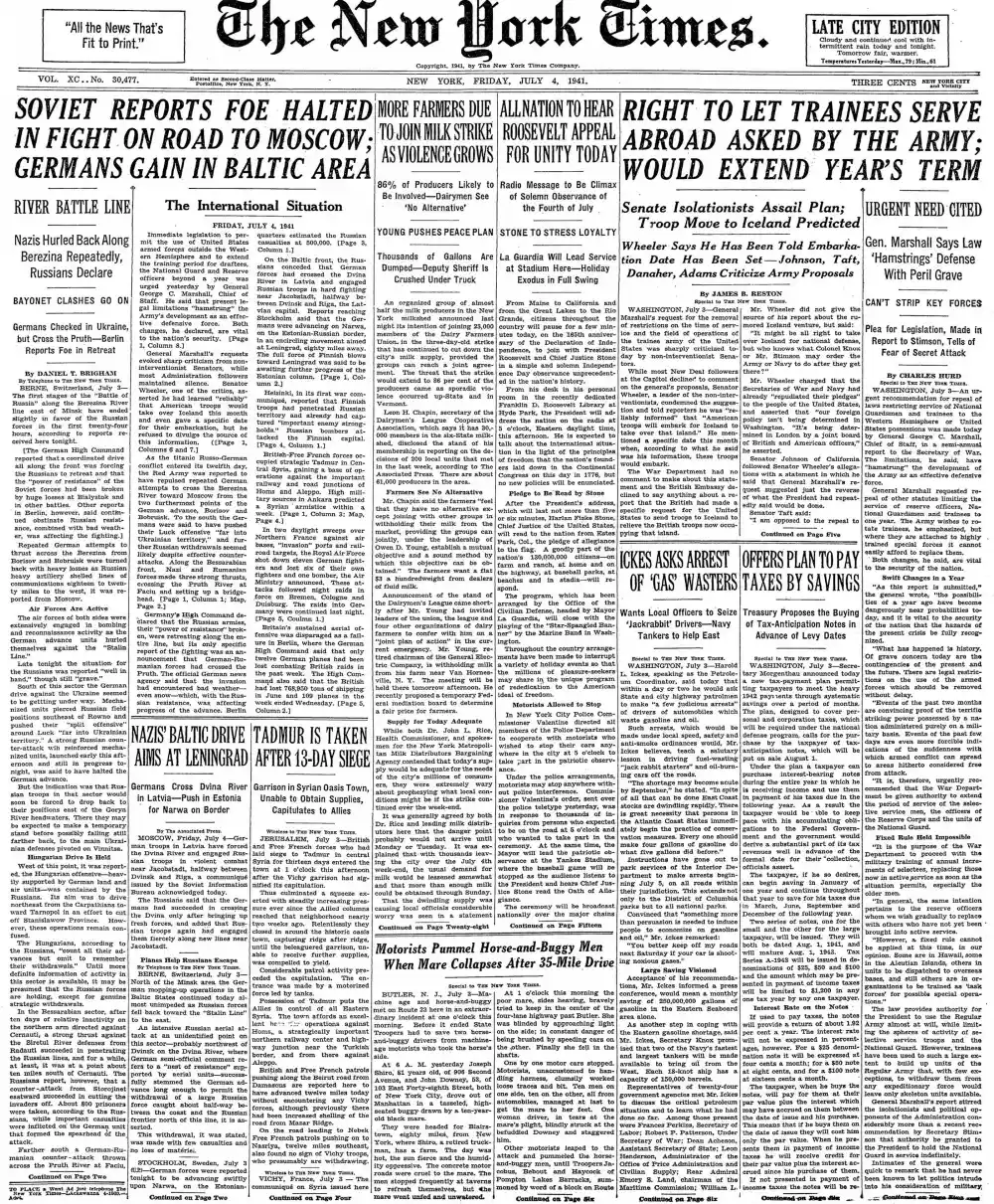 Friday, July 4, 1941 – The New York Times Front Page