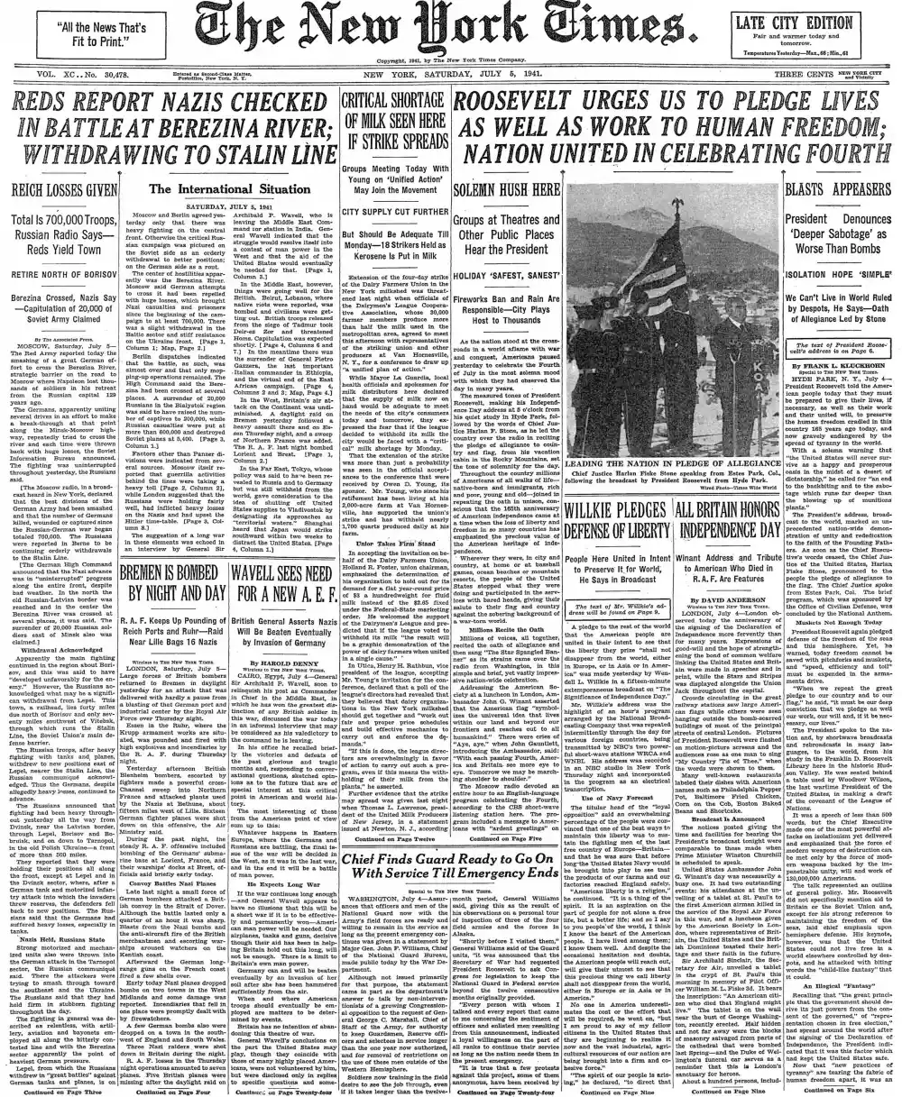 Saturday, July 5, 1941 – The New York Times Front Page