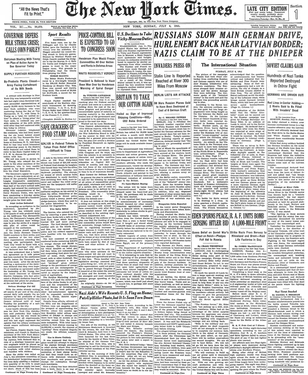 Sunday, July 6, 1941 – The New York Times Front Page